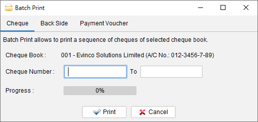 Dialog for cheque batch printing